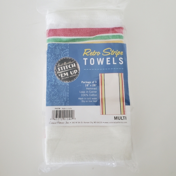 NIP! AUNT MARTHA'S Stitch 'Em Up 3 ct Retro Multi Color Stripe Towels 18"x 28" - Picture 1 of 7